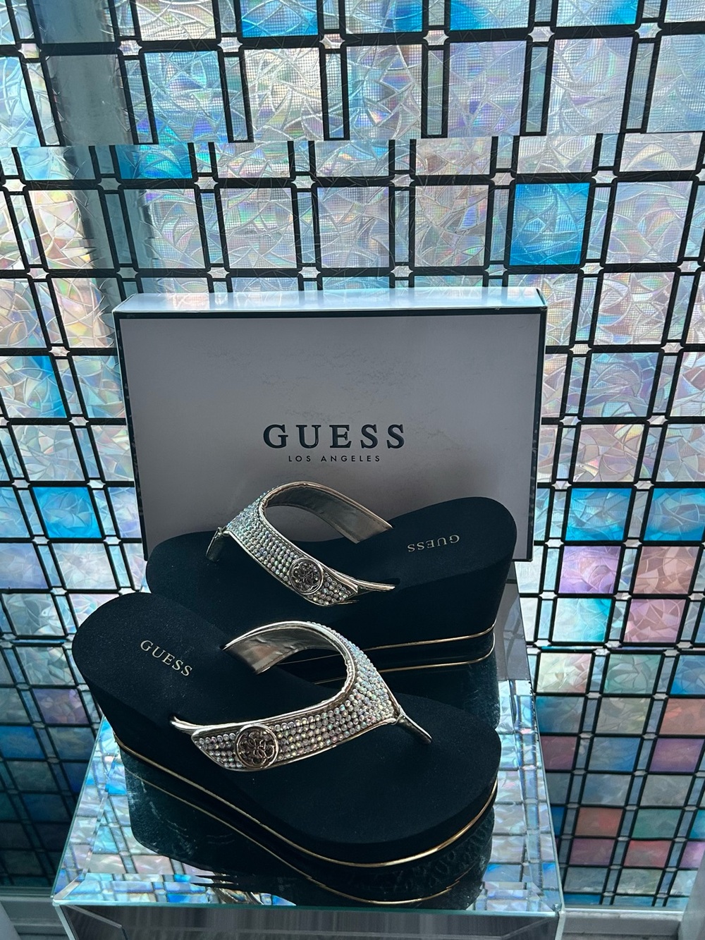 GUESS Y2K Black Wedge Sandals with Gold and Crystal Accents💖🏝️